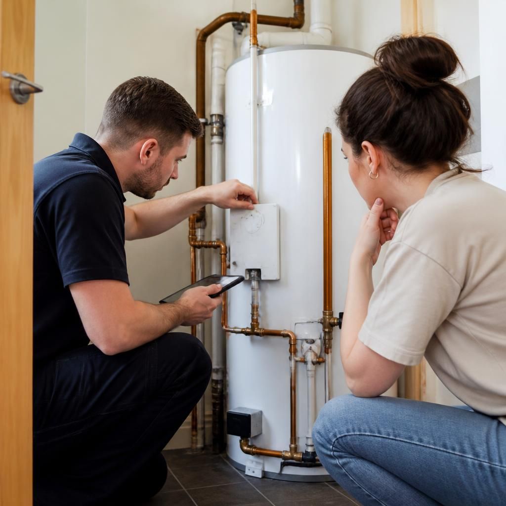 Plumber inspecting a water heater in a rented home with a tenant present