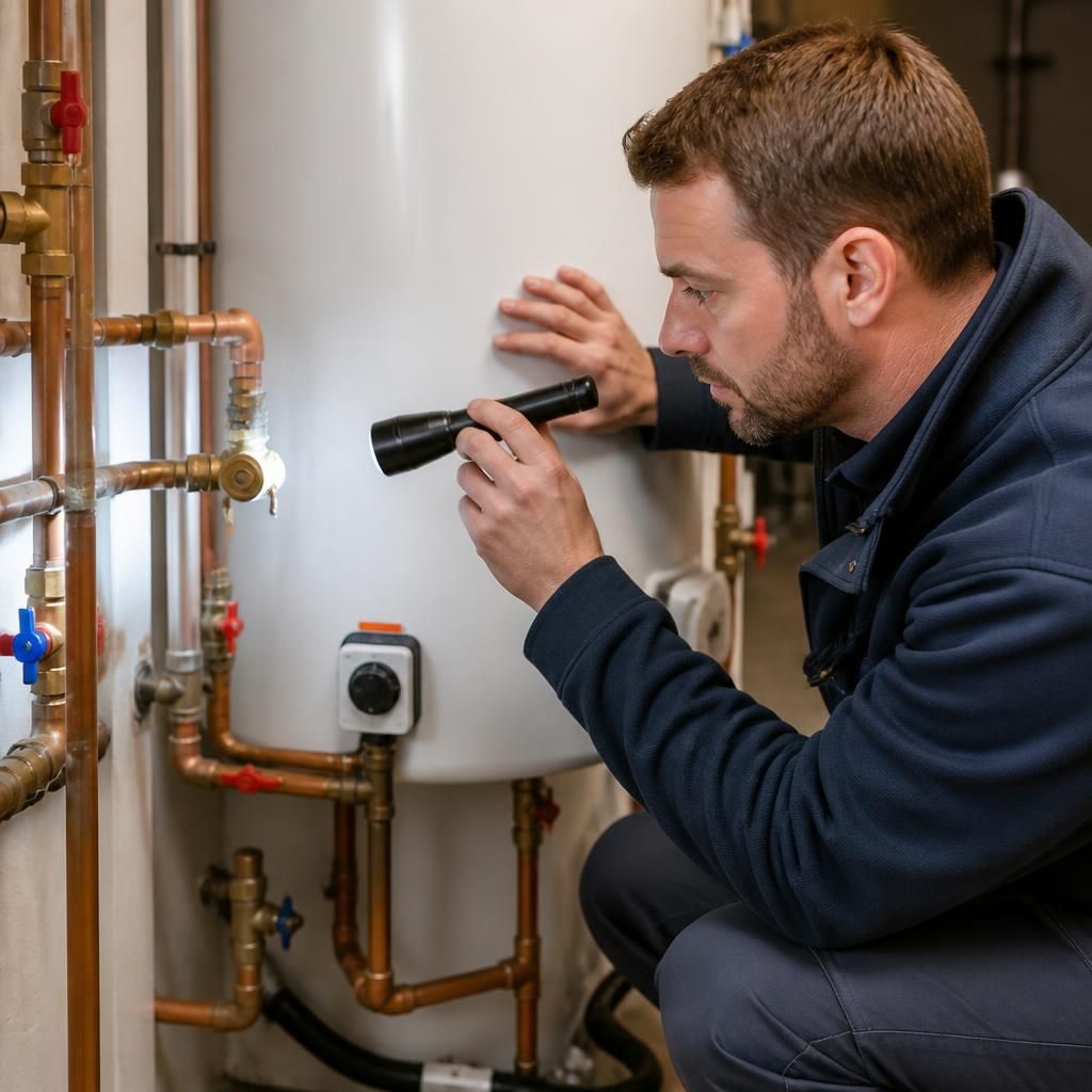 Plumber inspecting a domestic hot water cylinder and its connected pipework