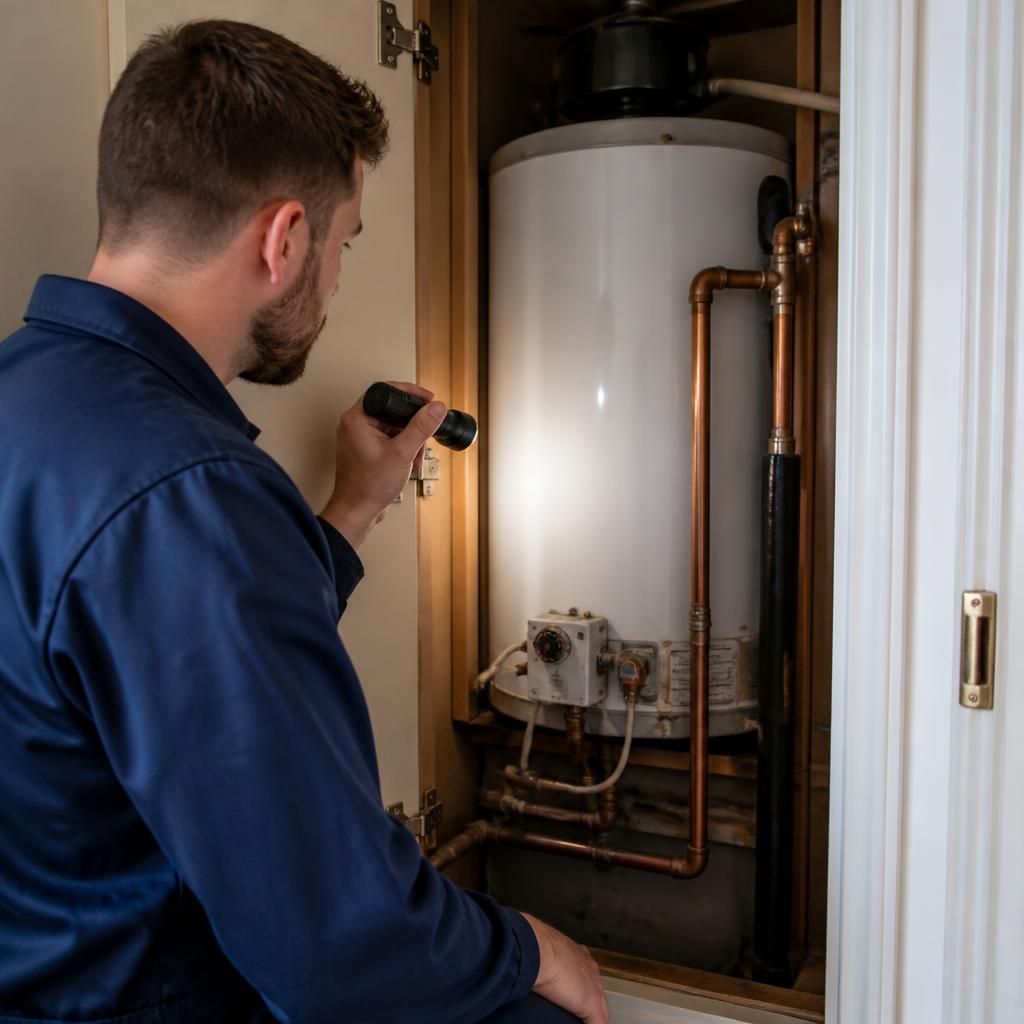 Engineer inspecting a water heater inside a utility cupboard