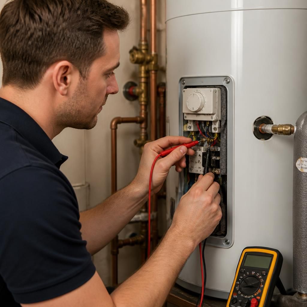Engineer testing a water heater thermostat and electrical connections