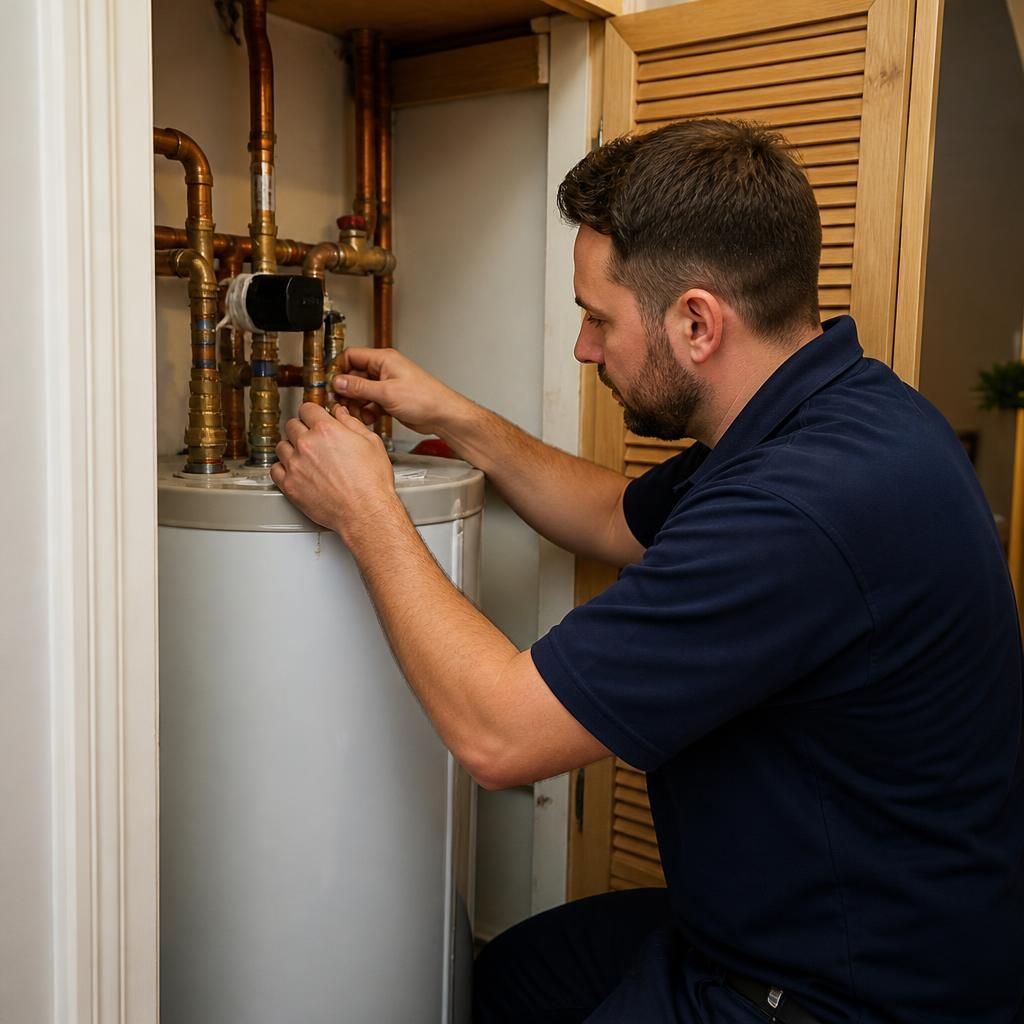 Plumber inspecting connections on a domestic water heater in a utility cupboard