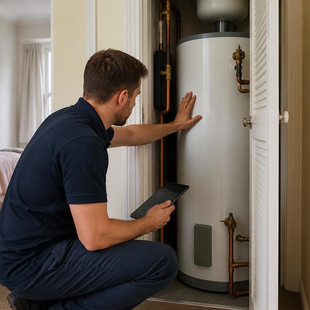 Plumber inspecting a hot water cylinder inside a flat’s airing cupboard