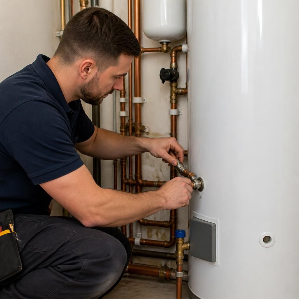 Plumber connecting pipework to a replacement water heater