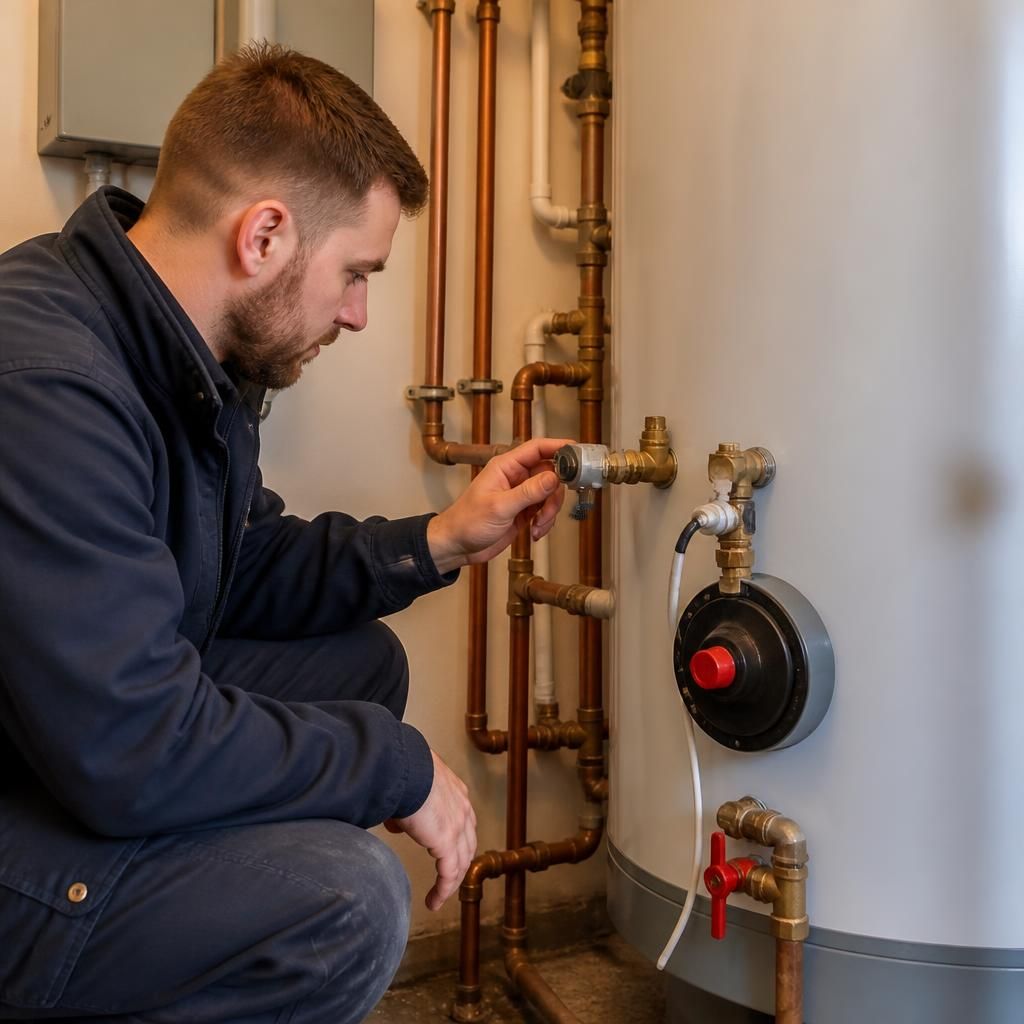 Plumber inspecting pipework and connections beside a domestic water heater