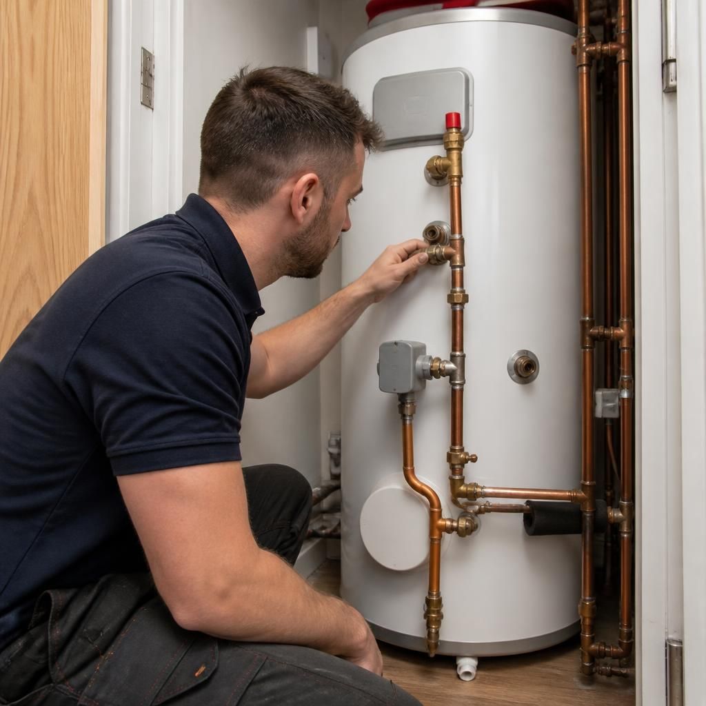 Plumber inspecting a water heater and its pipework in a utility cupboard