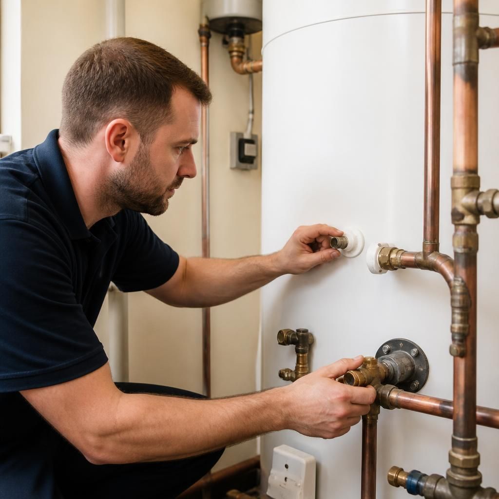 Plumber inspecting a water heater cylinder and its pipe connections