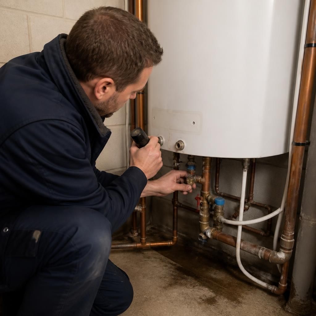 Plumber inspecting water heater pipework and connections beneath a storage cylinder