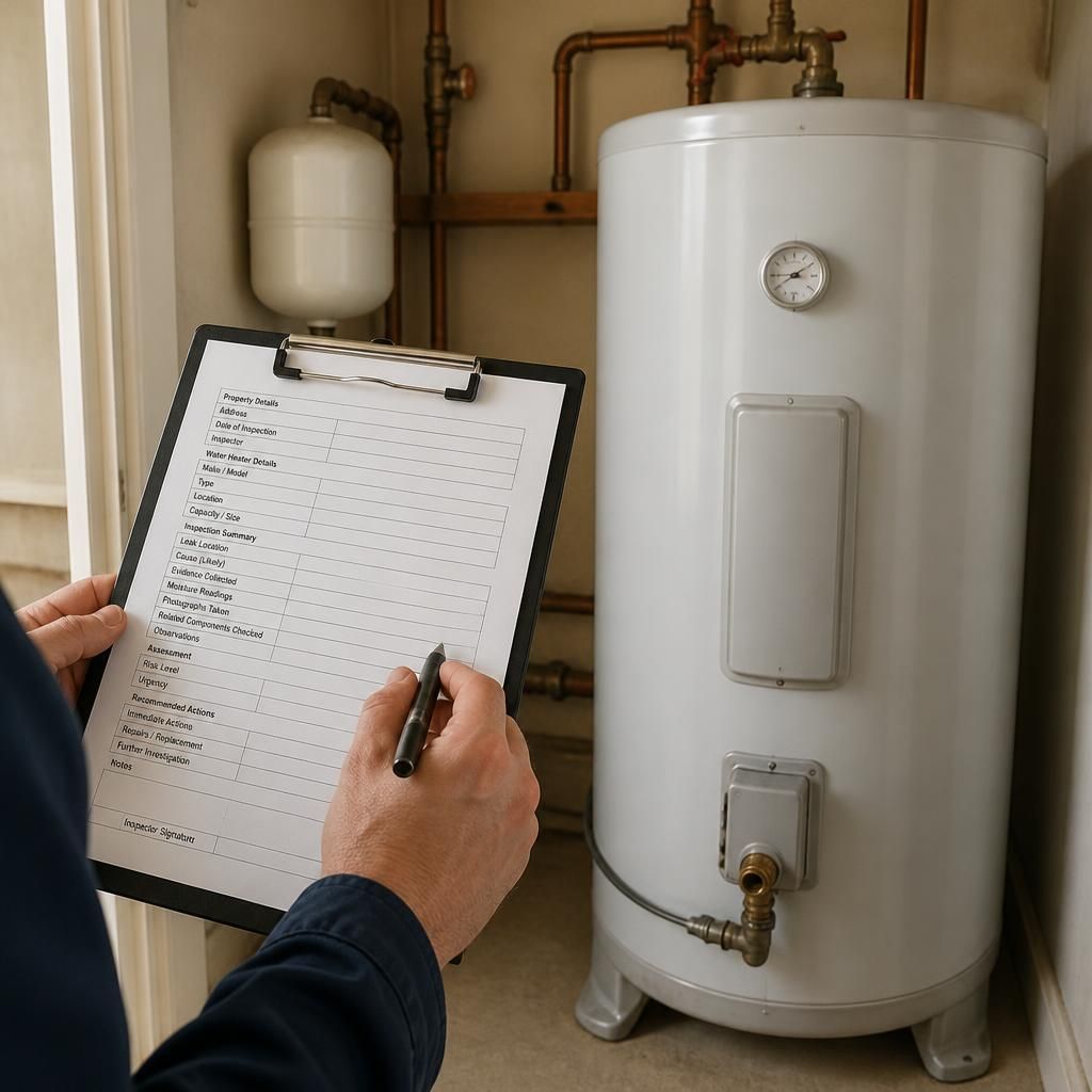 Water heater inspection report beside a domestic hot water cylinder