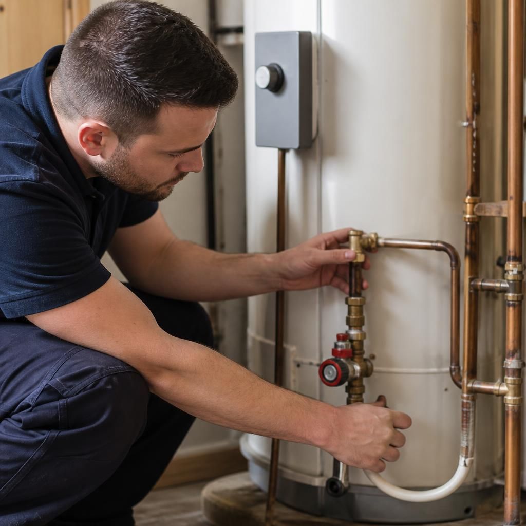Plumber inspecting pipe connections and valves on a domestic water heater