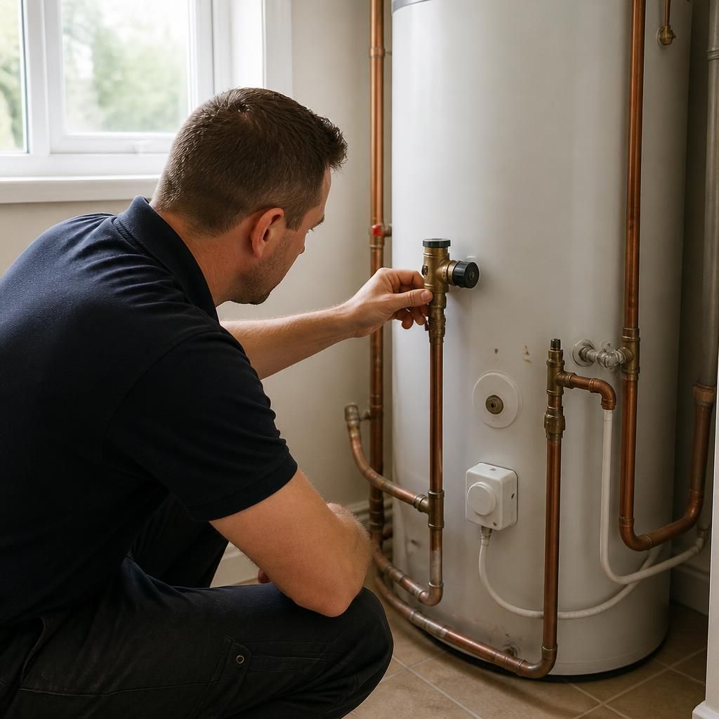 Plumber examining a domestic water heater and its pipe connections