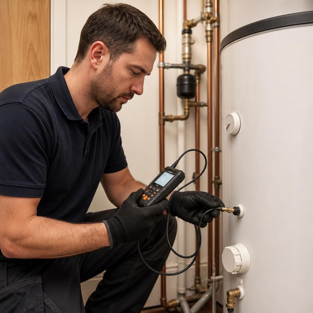 Plumber using diagnostic equipment to trace a water heater fault