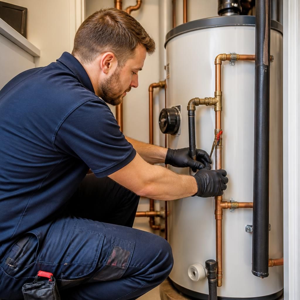 Engineer checking pipework connected to a domestic hot water cylinder
