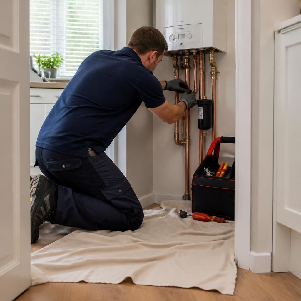 Plumber protecting flooring while carrying out water heater work