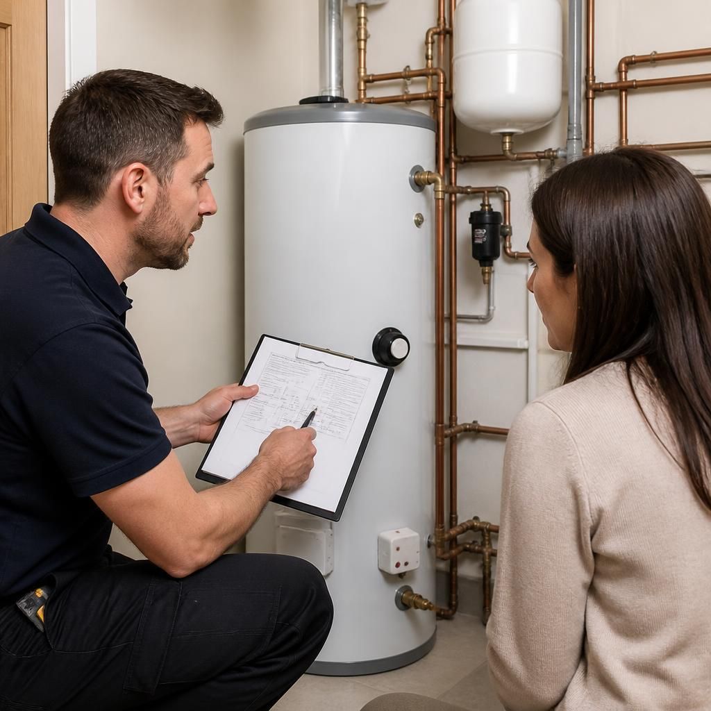 Plumber explaining a water heater repair plan to a property owner