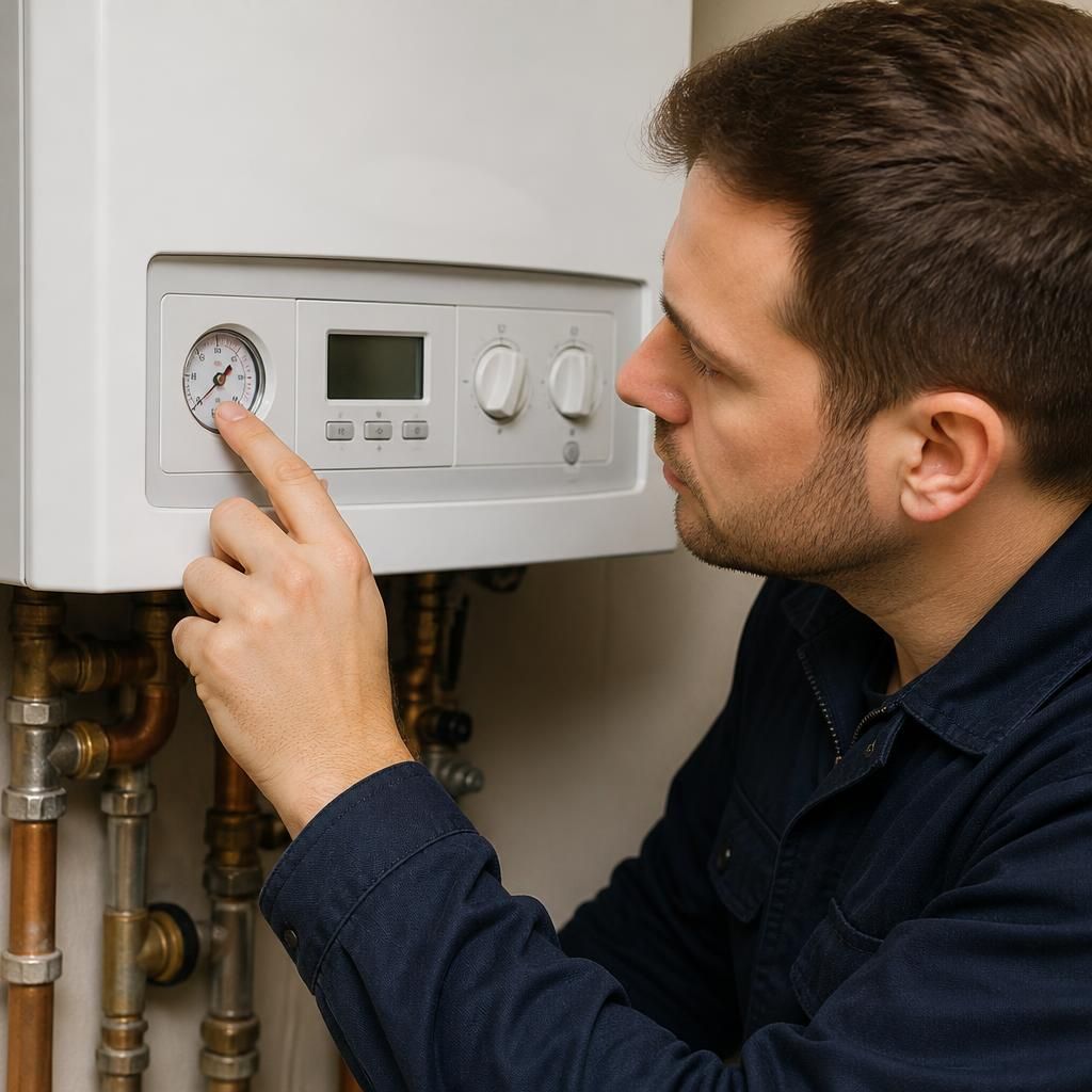 Heating engineer inspecting a boiler pressure gauge and control panel