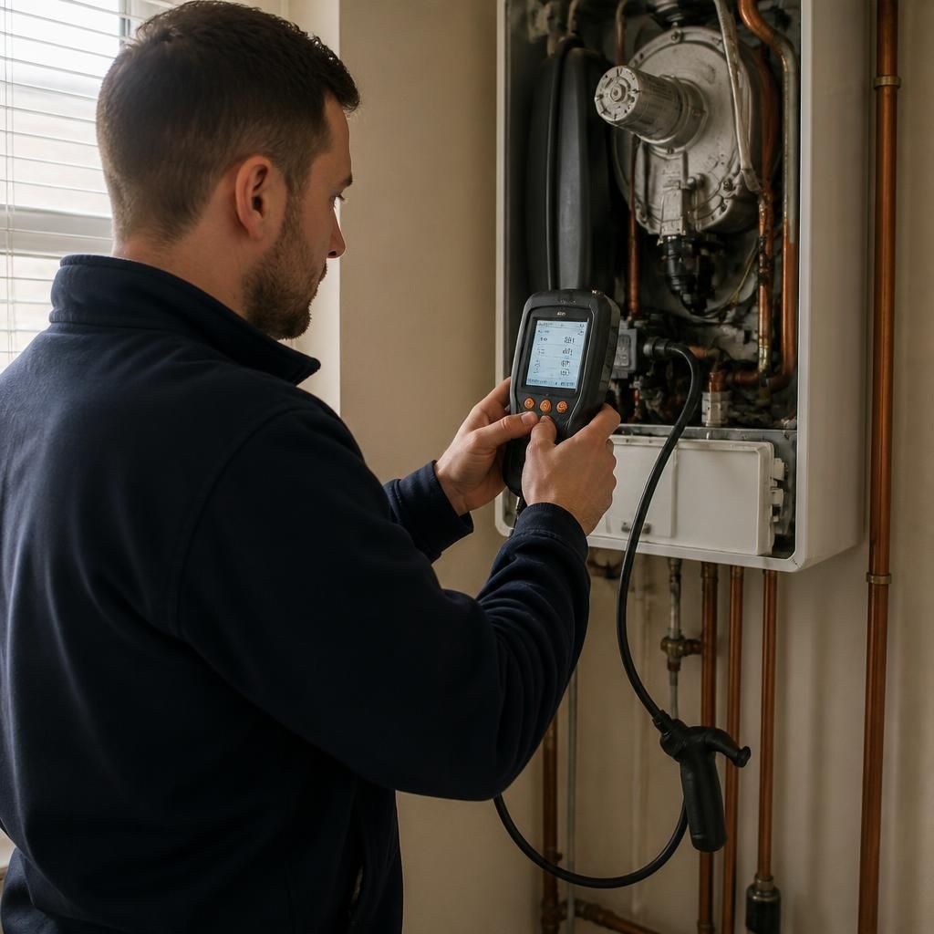 Engineer using a flue gas analyser beside a domestic boiler