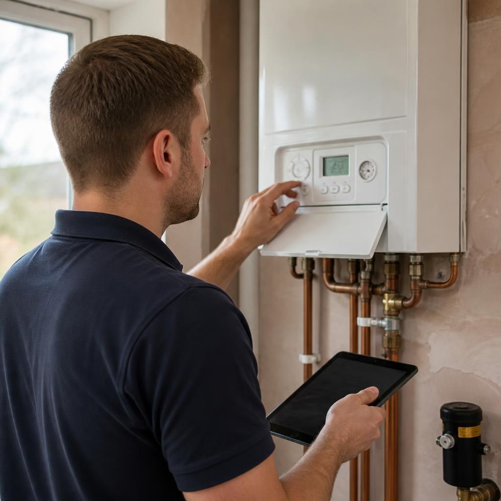 Engineer assessing a domestic boiler installation