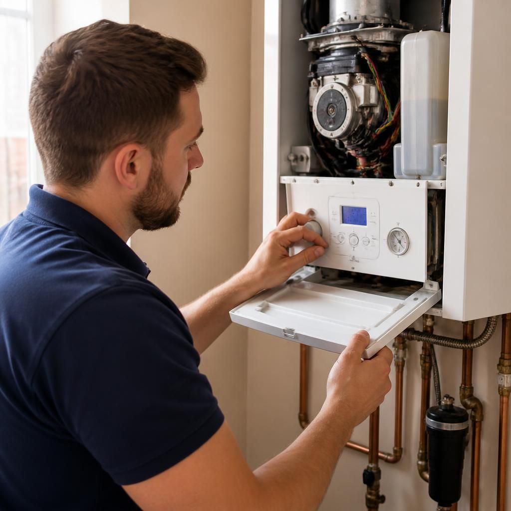 Plumber inspecting a boiler during a repair