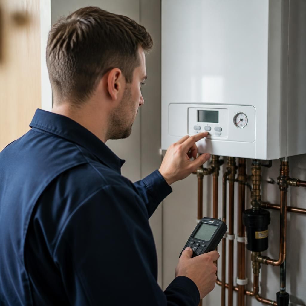 Technician checking boiler controls and system connections