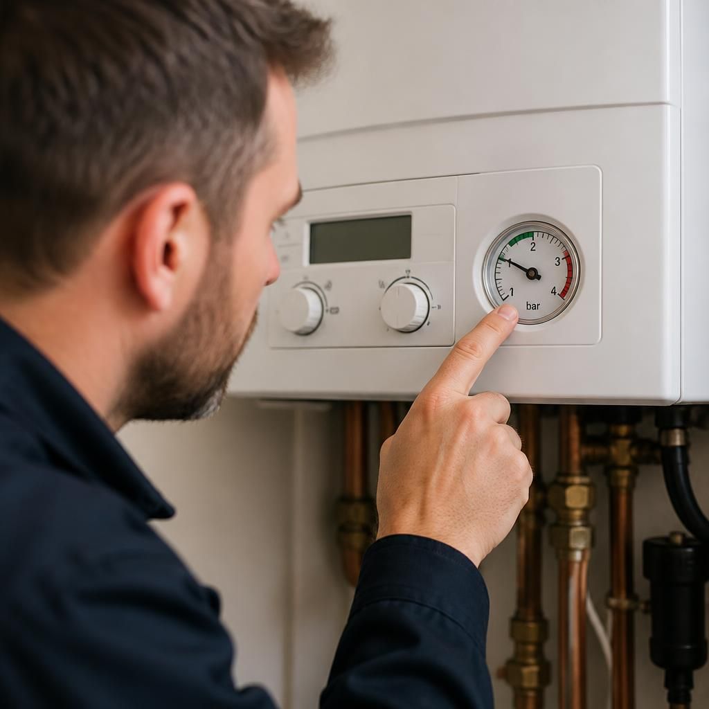 Boiler pressure gauge being inspected by a plumber