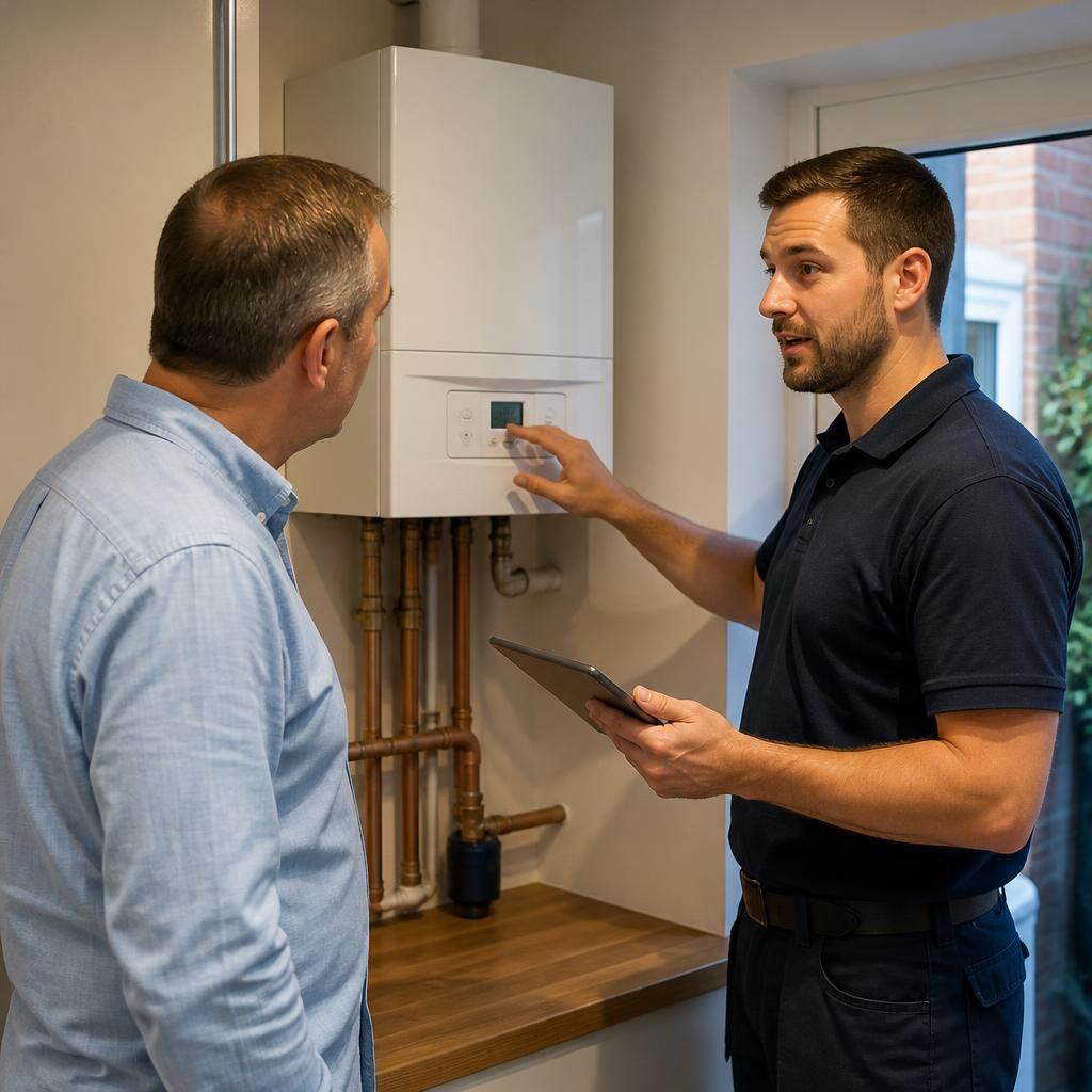 Homeowner discussing boiler options with a plumbing professional