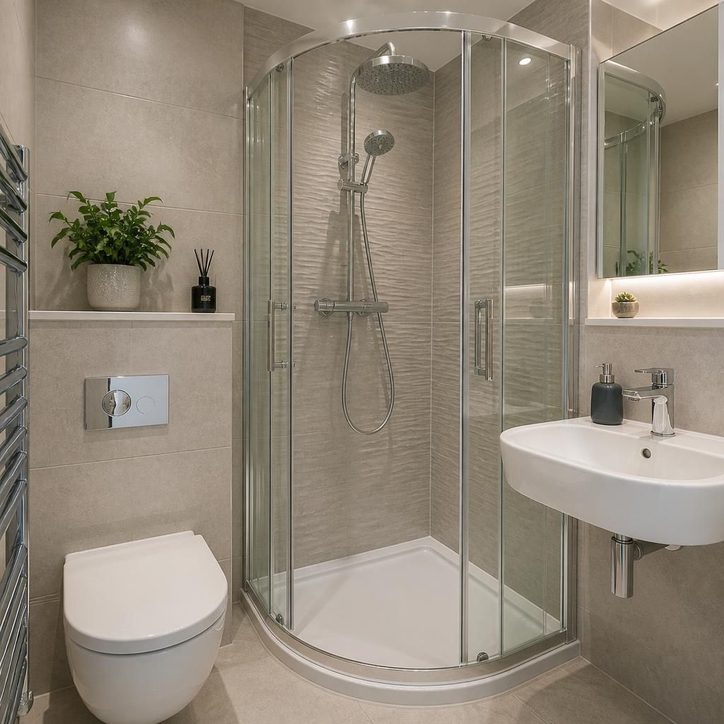 Compact bathroom with a corner shower enclosure, wall-mounted basin and tiled walls
