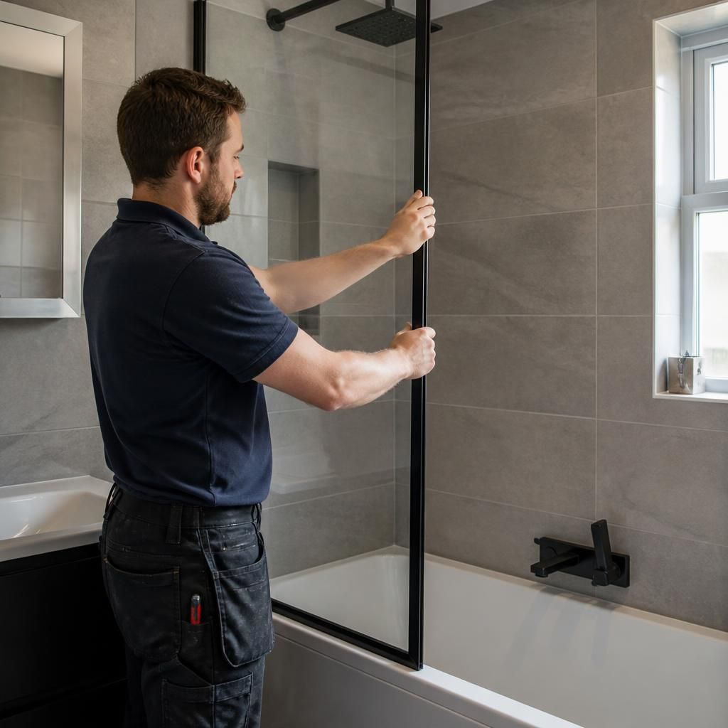 Plumber fitting a new shower screen and wall panels in a bathroom