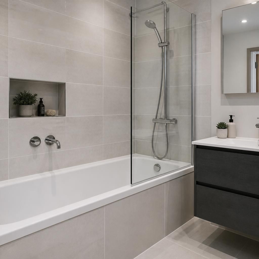 Bathroom with a bath, shower screen, wall-mounted taps and tiled walls
