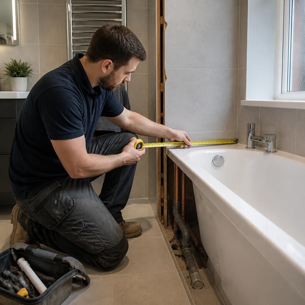 Plumber measuring the space beside a bath during a bathroom installation