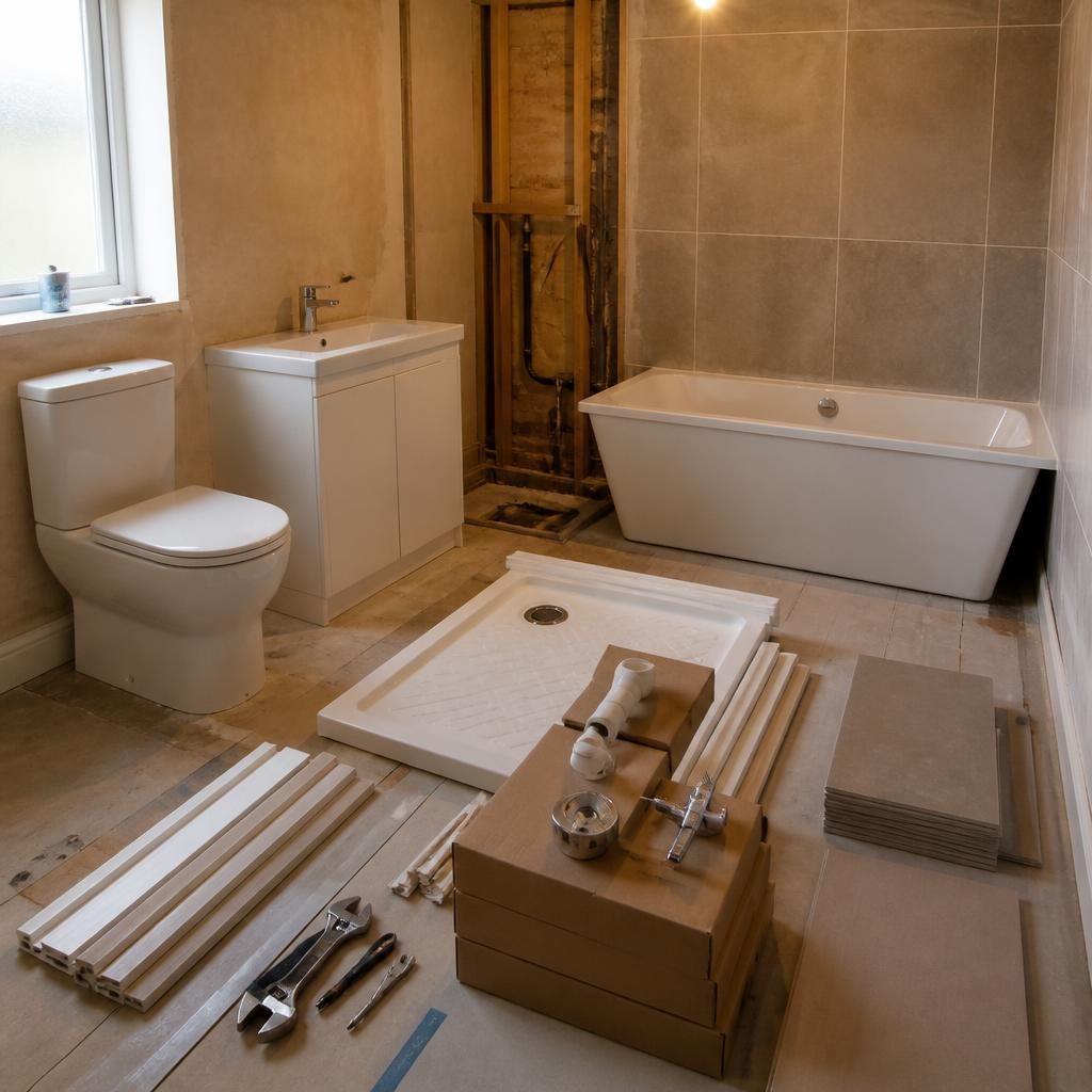 Bathroom fixtures and building materials arranged in a room during installation