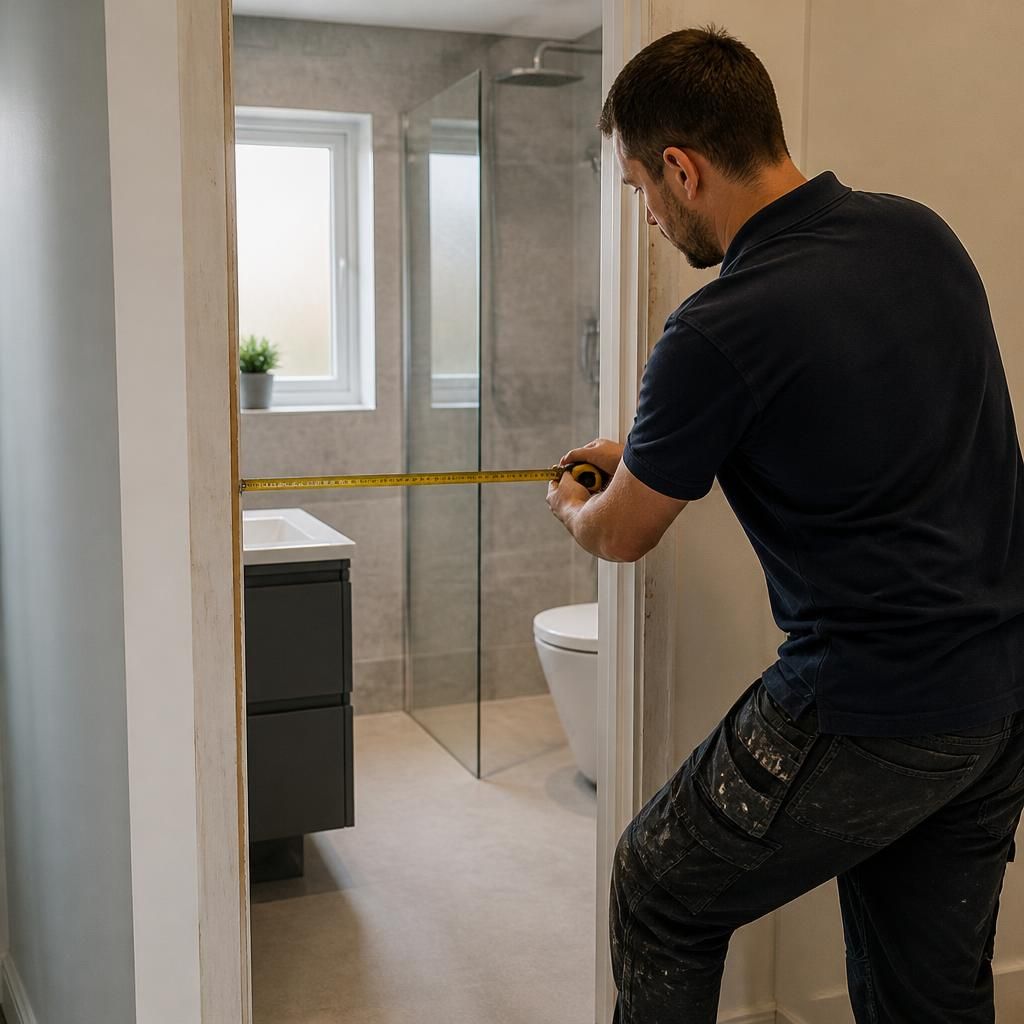 Plumber measuring a bathroom doorway and checking the route for new fittings