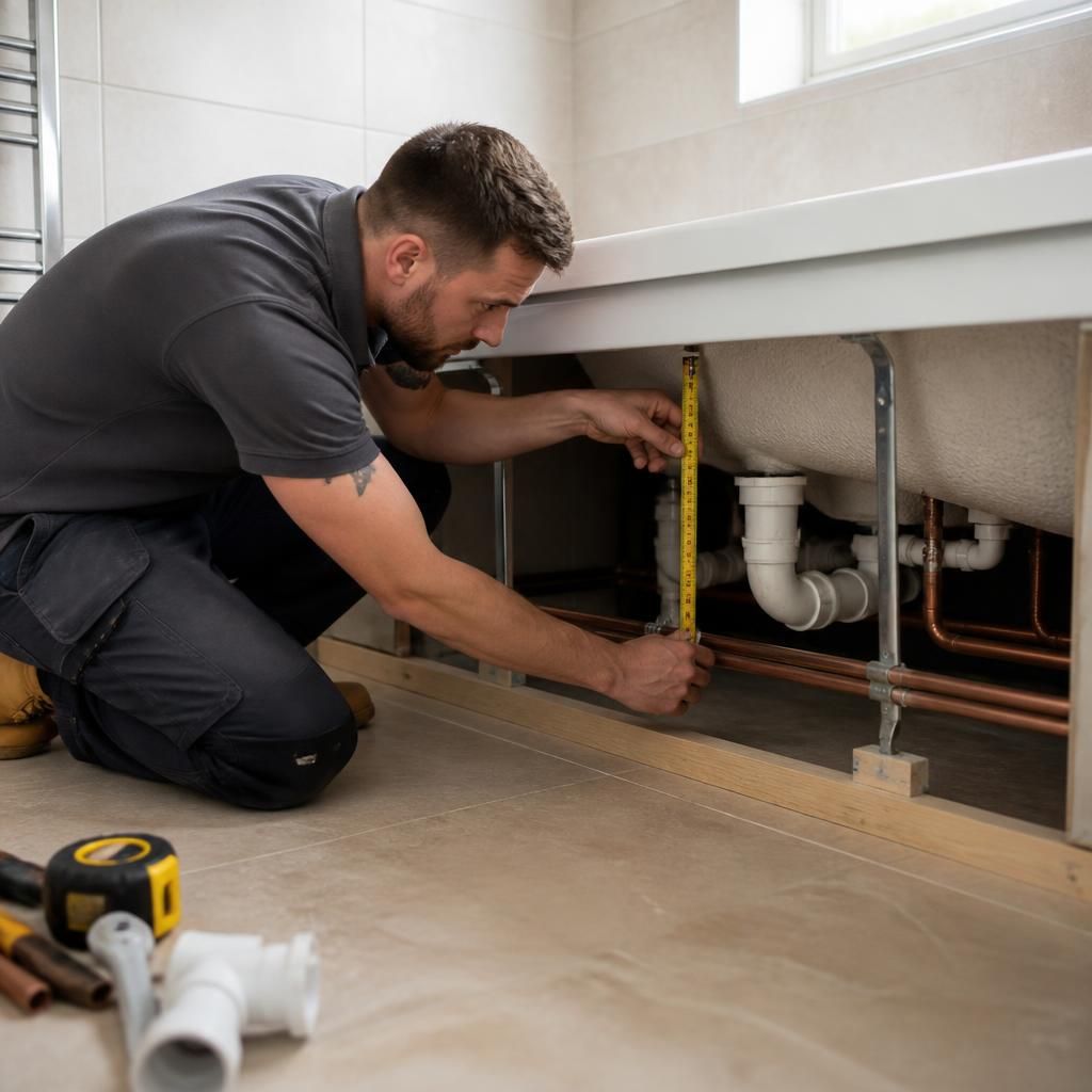 Bathroom installer measuring pipework beneath a bath during a renovation