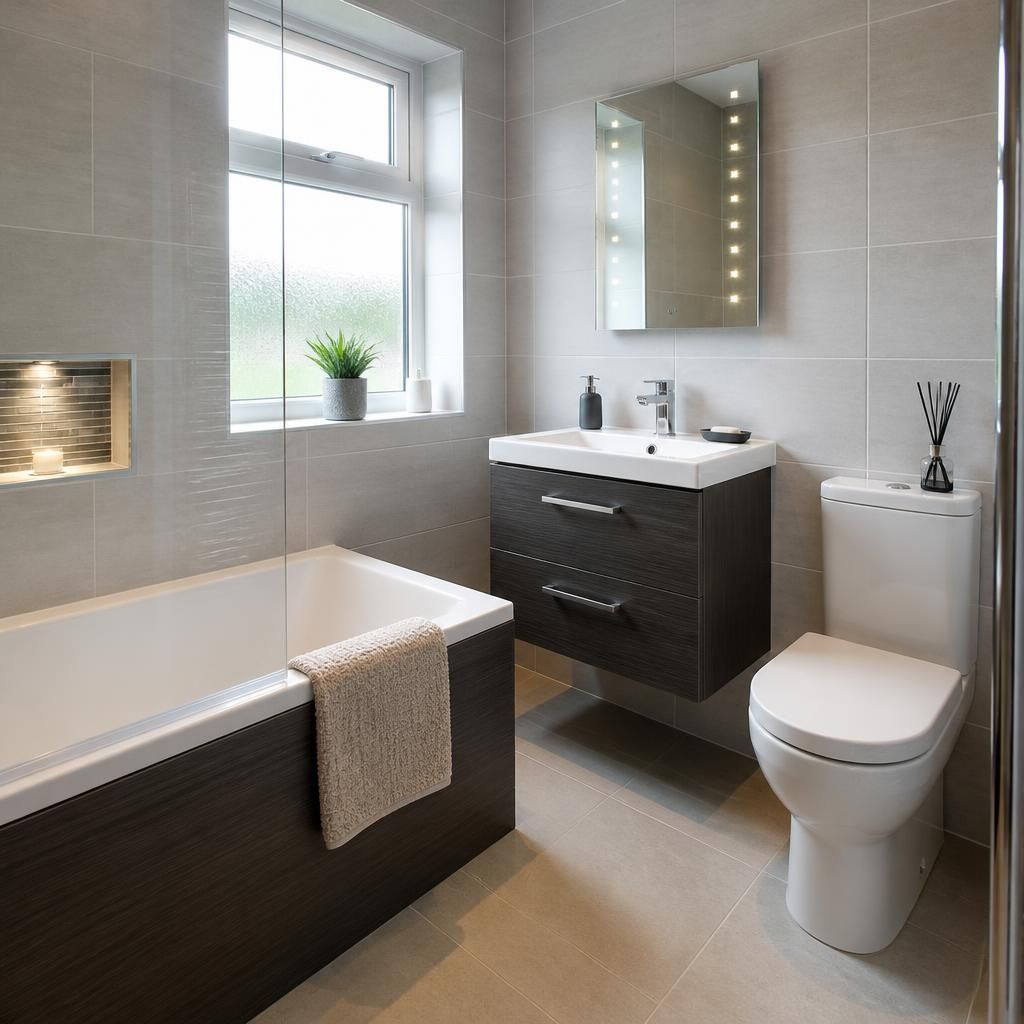 Modern bathroom with a bath, basin, toilet and tiled walls in a residential property