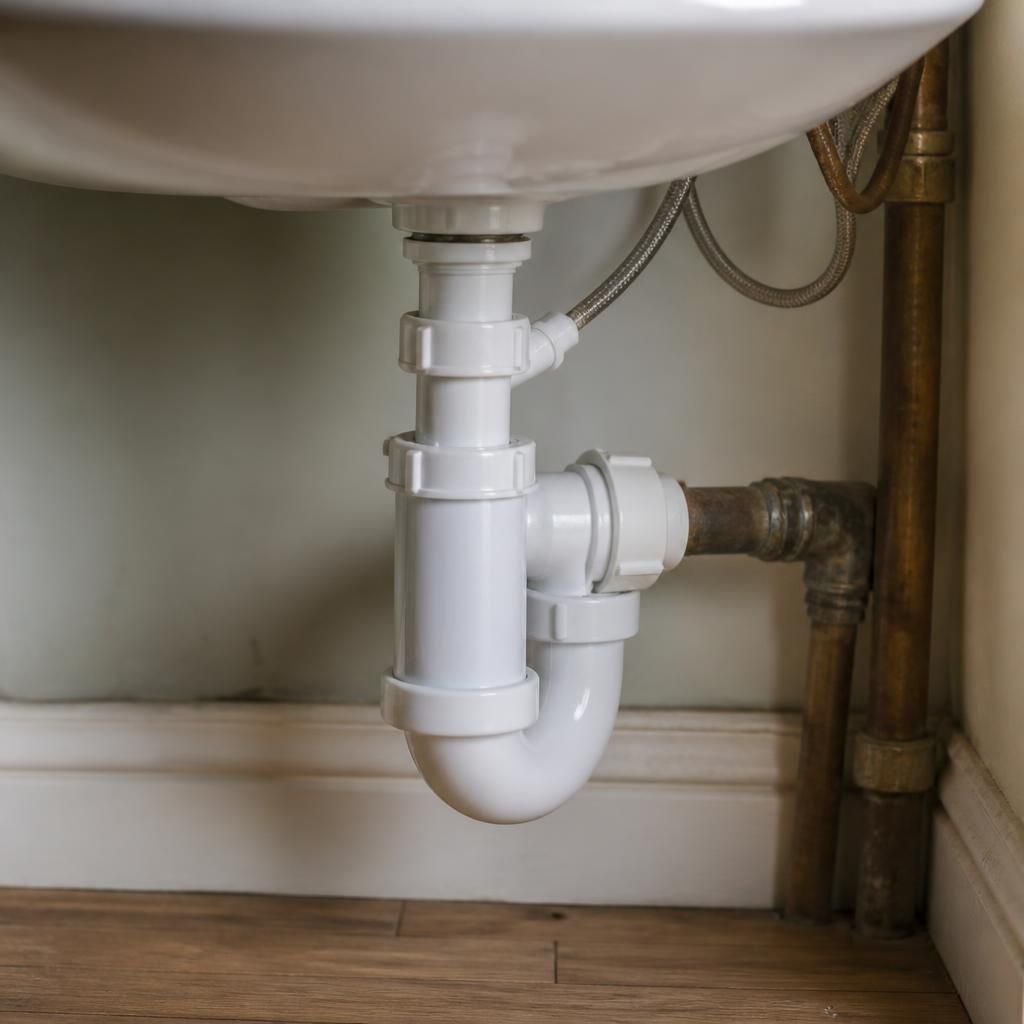 Exposed bathroom sink trap and existing waste pipe beneath a basin