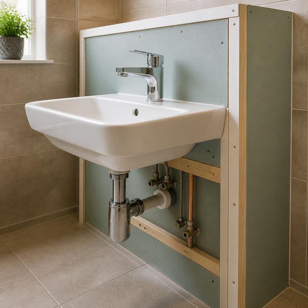 Wall-hung basin secured to a reinforced bathroom wall with exposed plumbing connections