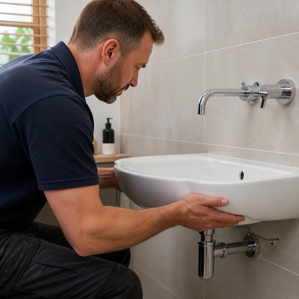 Plumber fitting a bathroom basin beneath a wall-mounted tap