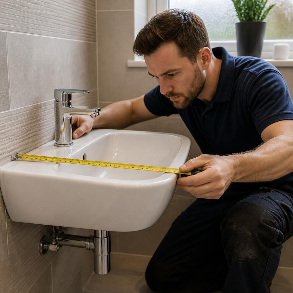 Plumber measuring a bathroom basin before installation