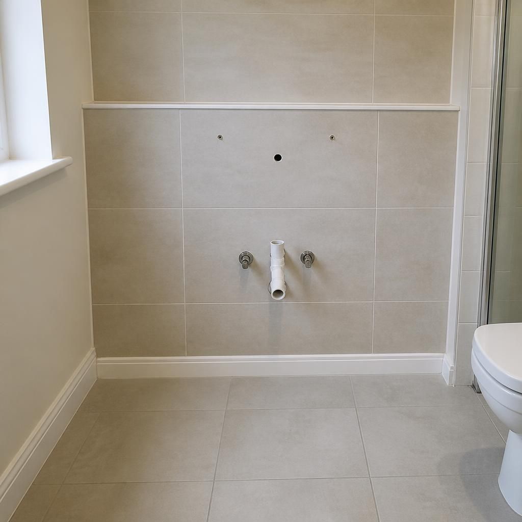 Bathroom sink area cleared of toiletries, furniture and wall-mounted accessories