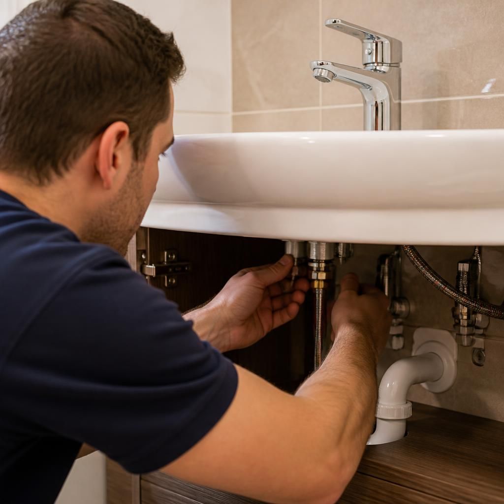 Plumber accessing tap connections beneath a bathroom basin