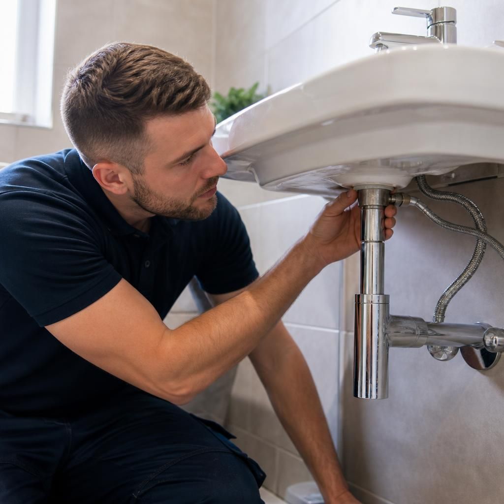 Plumber inspecting the underside of a bathroom basin and tap connections
