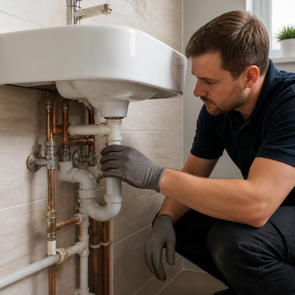 Plumber inspecting exposed supply and waste pipes beneath a bathroom basin
