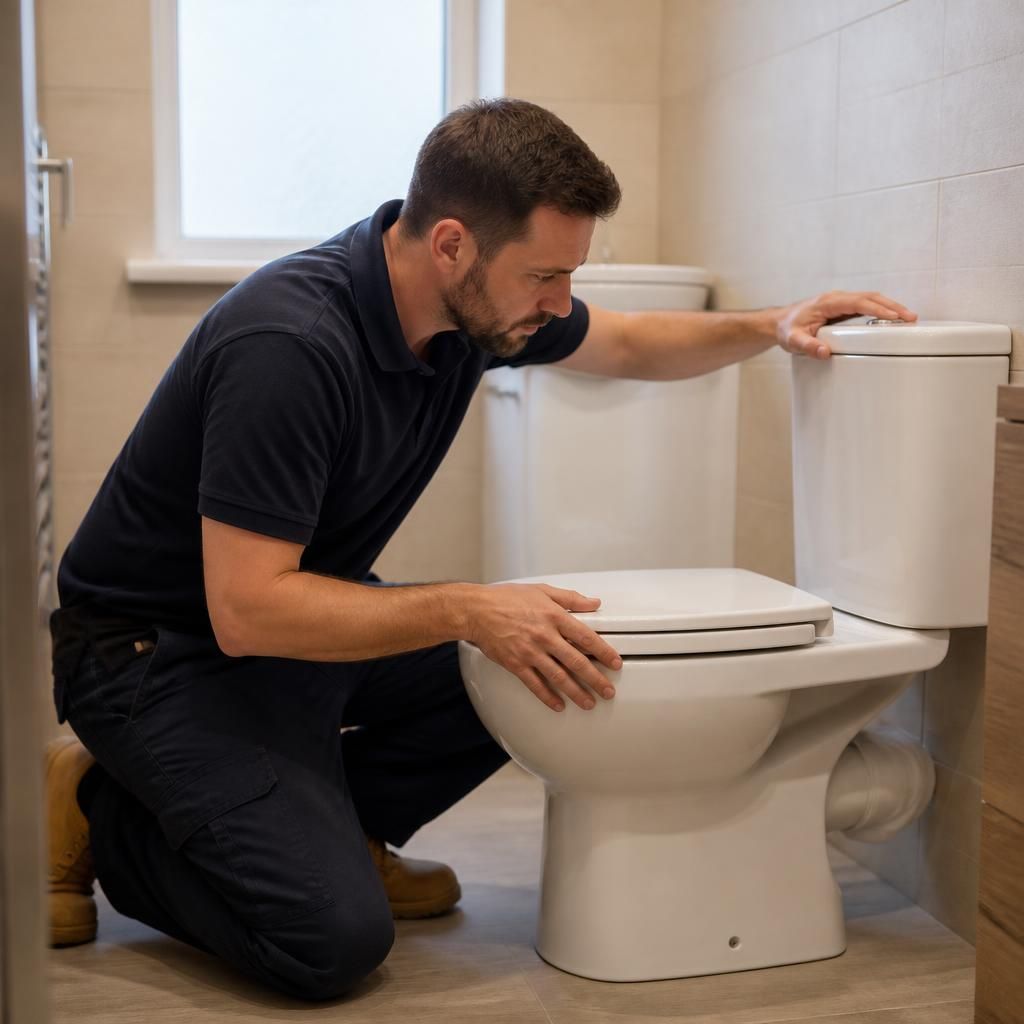 Plumber inspecting a toilet installation in a rental bathroom