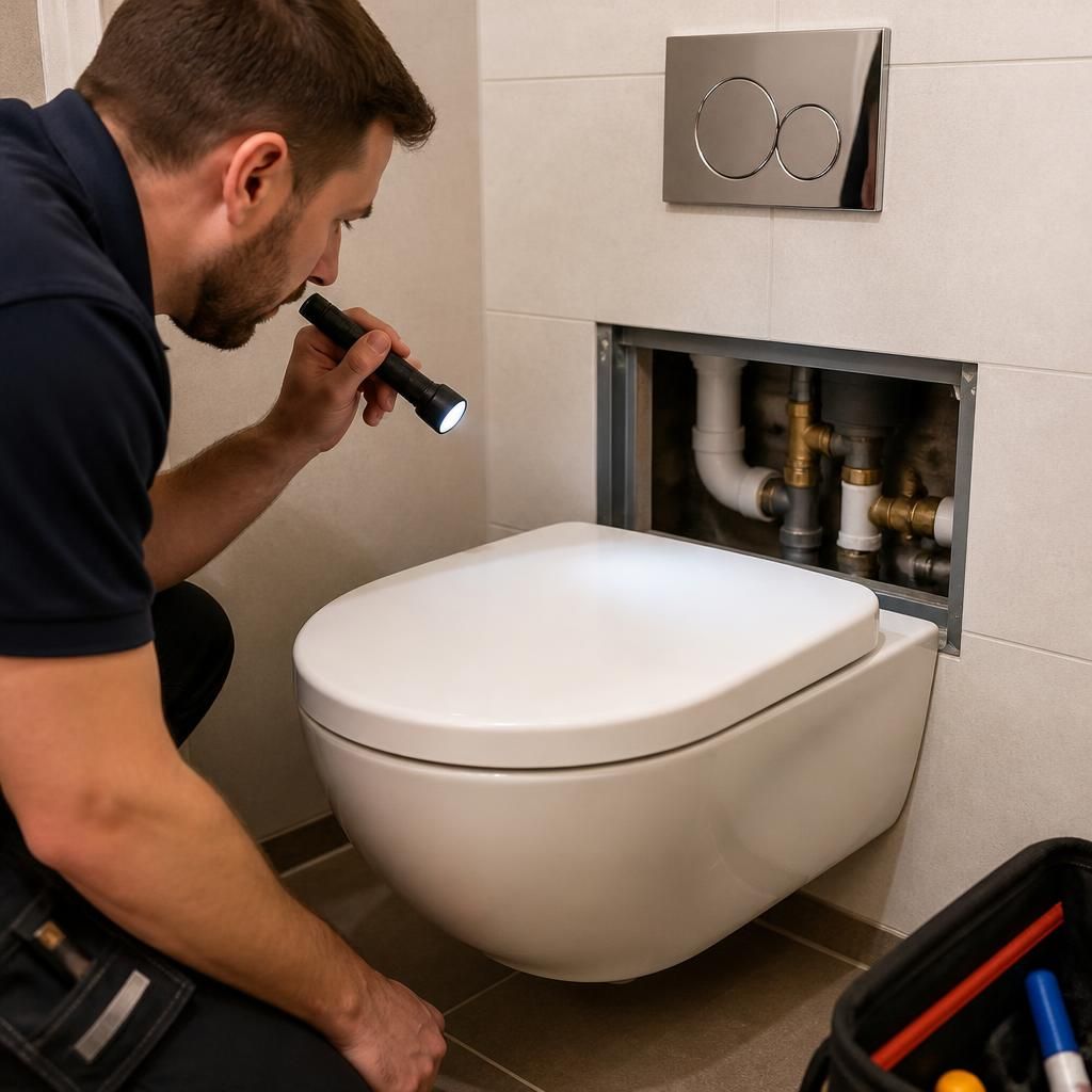 Plumber inspecting pipework behind a toilet with a concealed cistern