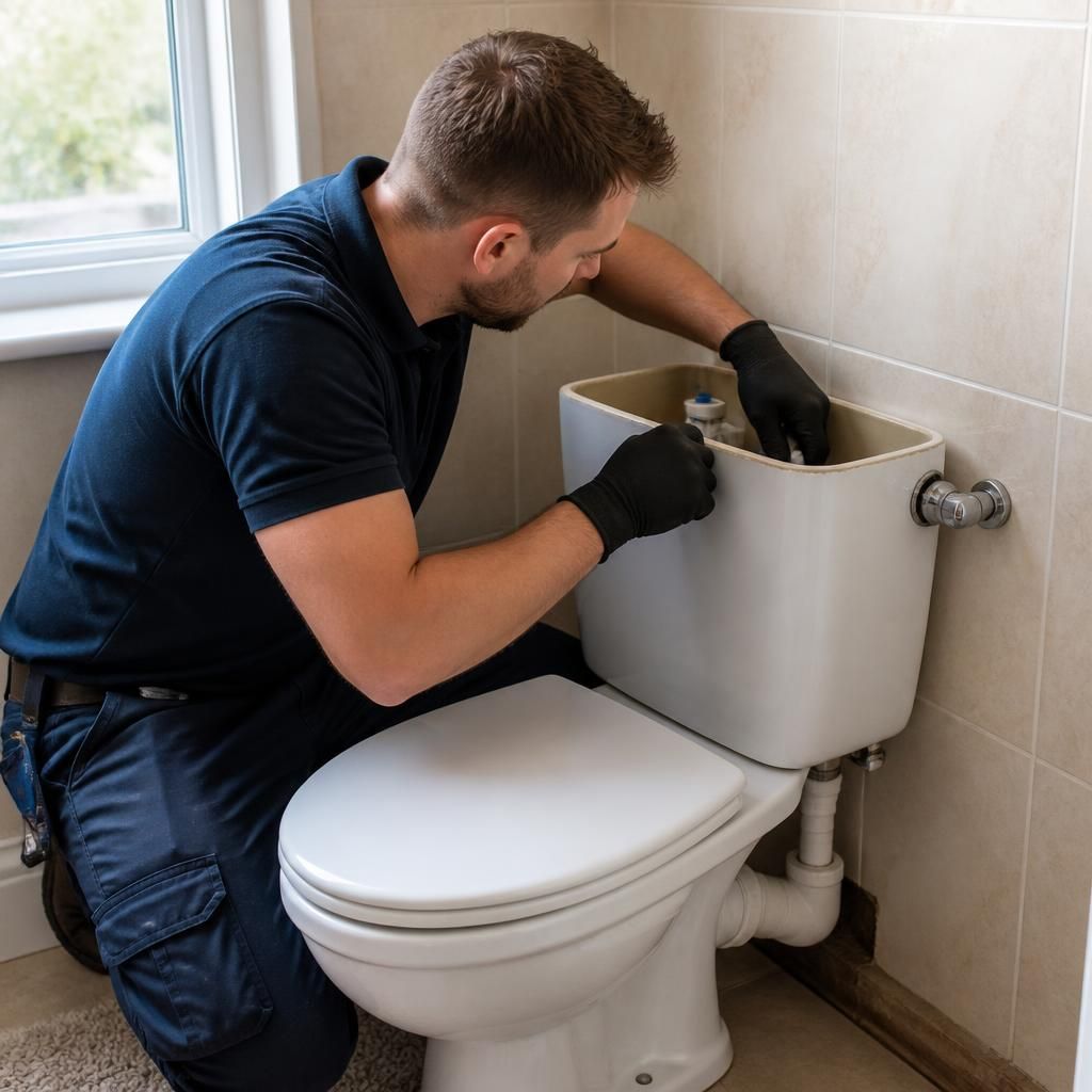 Plumber inspecting a toilet cistern and checking the surrounding pipework for moisture