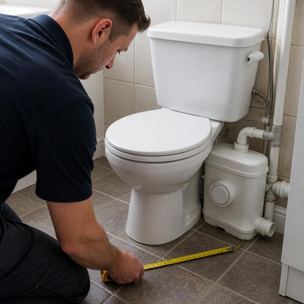 Plumber measuring the space around a bathroom toilet before replacement