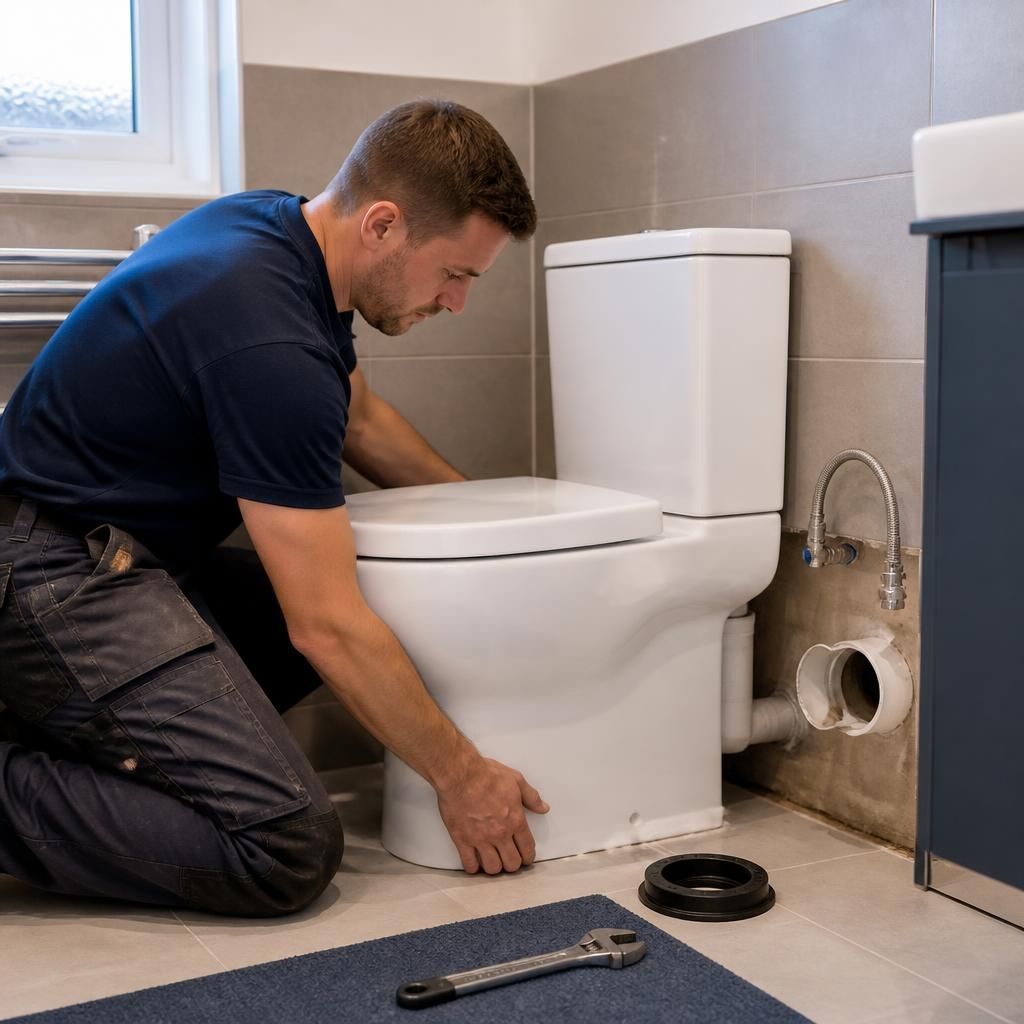 Plumber securing a replacement toilet beside exposed waste pipe and water connection