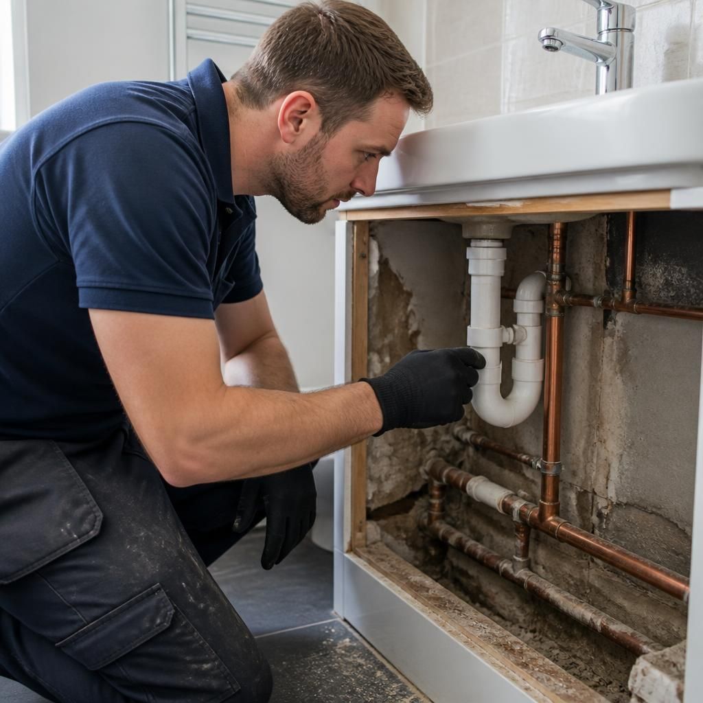 Plumber inspecting exposed bathroom pipes beneath a basin