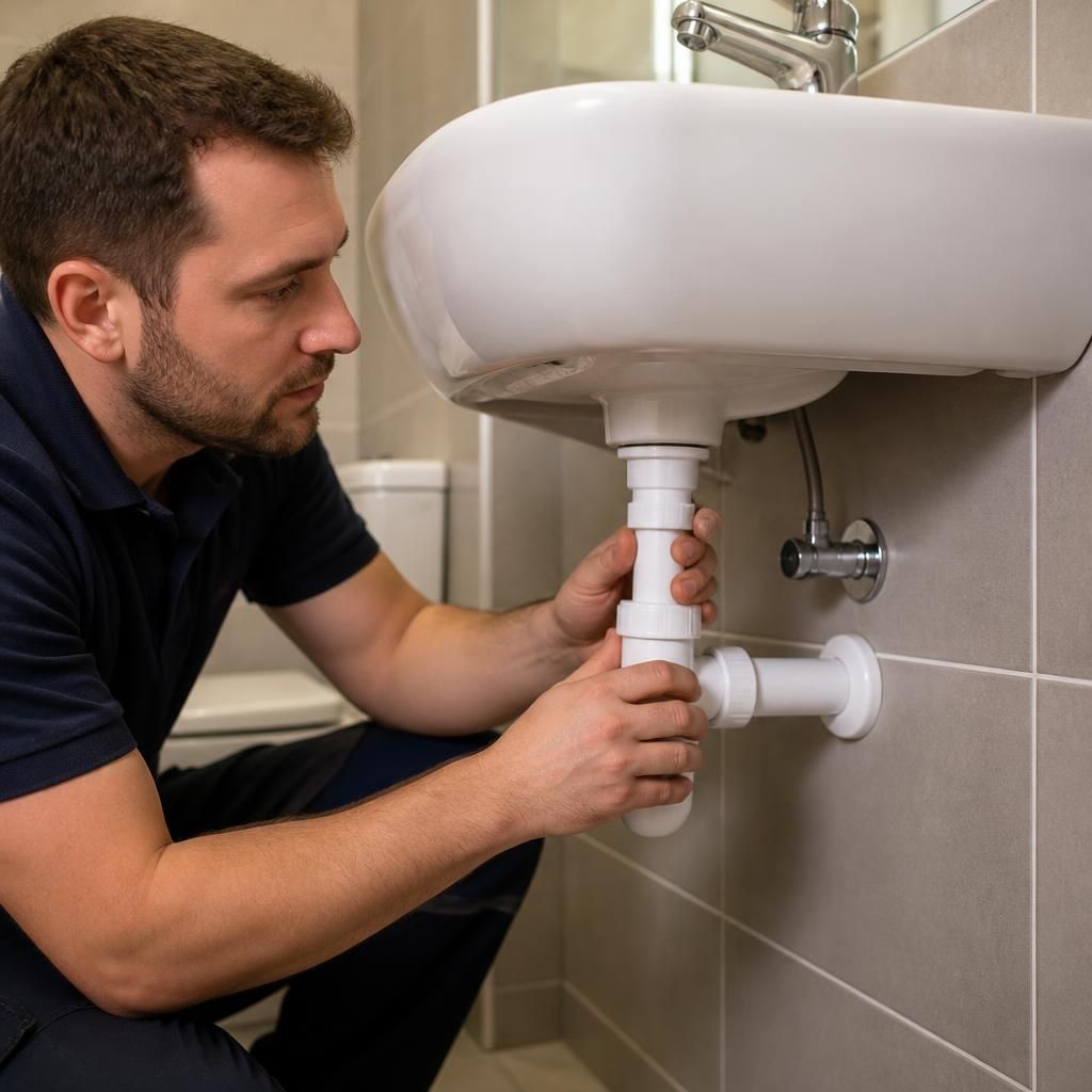 Plumber connecting waste pipes beneath a bathroom basin