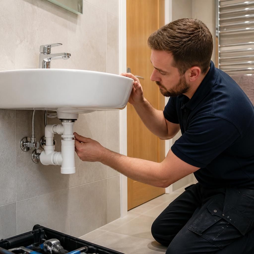 Plumber checking pipework beneath a bathroom basin before installation
