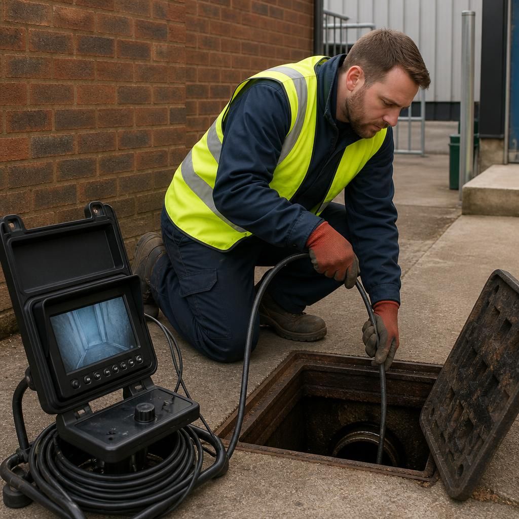 Technician inspecting commercial drainage pipes through an access chamber